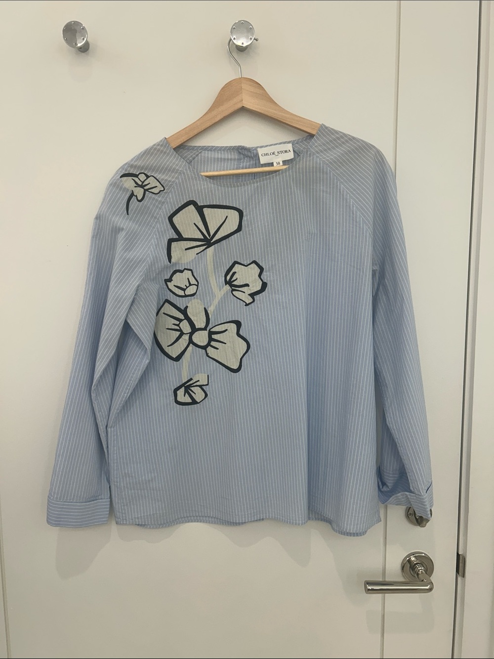 Light Blue Striped Floral-Accent Long Sleeve Top Chloe Stora Paris 38